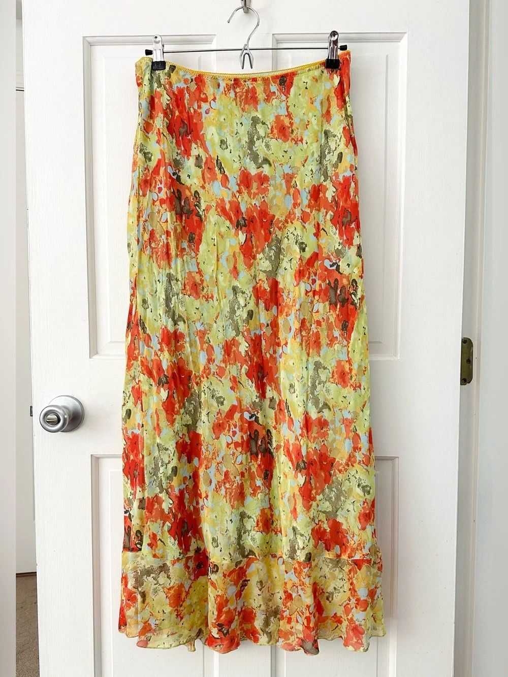 SUNDANCE 100% Silk Abstract Floral Midi Skirt Yellow Orange Size 10